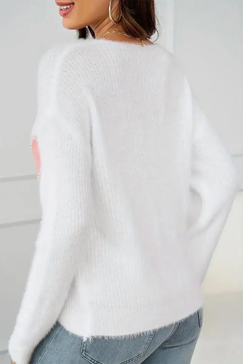 White Pearl Beaded Heart Pattern Fuzzy V Neck Sweater - Love Salve